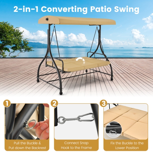 Gymax 3-Seat Outdoor Converting Patio Swing Glider Adjustable Canopy Porch Swing