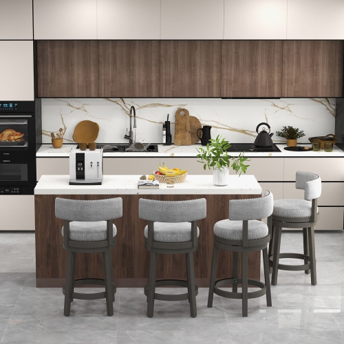 Gymax Set of 4 Upholstered Swivel Bar Stools Wooden Counter Height Kitchen Chairs Grey