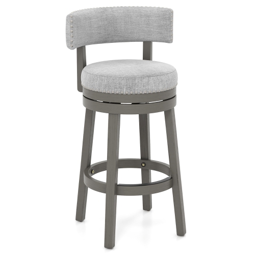 GYMAX  Upholstered Swivel Bar Stool Wooden Bar Height Kitchen Chair W/ Back In Grey