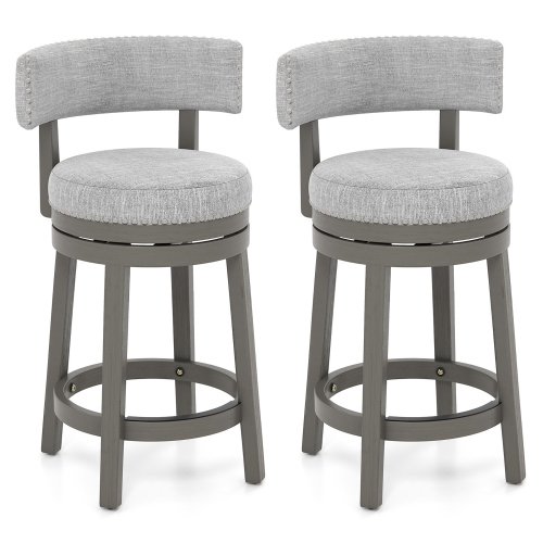 GYMAX  Set Of 2 Upholstered Swivel Bar Stools Wooden Counter Height Kitchen Chairs In Grey