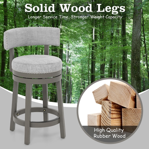 Gymax Set of 2 Upholstered Swivel Bar Stools Wooden Counter Height Kitchen Chairs Grey