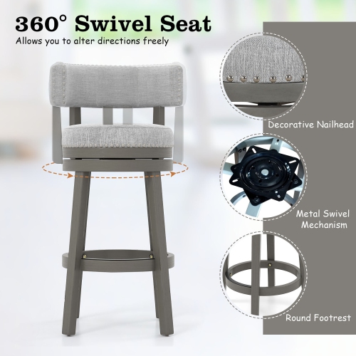Gymax Set of 2 Upholstered Swivel Bar Stools Wooden Counter Height Kitchen Chairs Grey