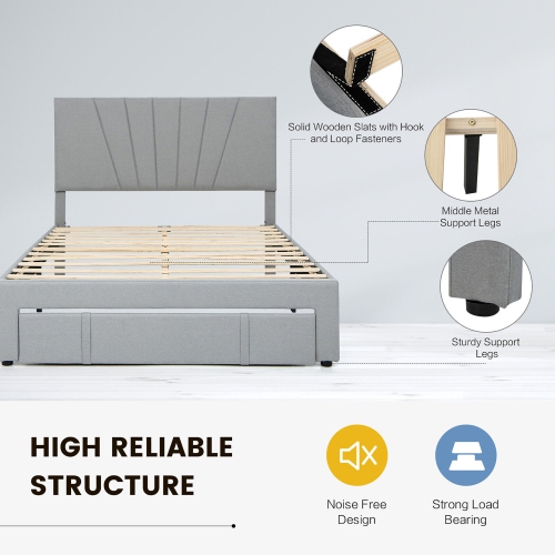 Gymax Full/Queen Upholstered Bed Frame Platform Bed with Drawer & Adjustable Headboard Grey