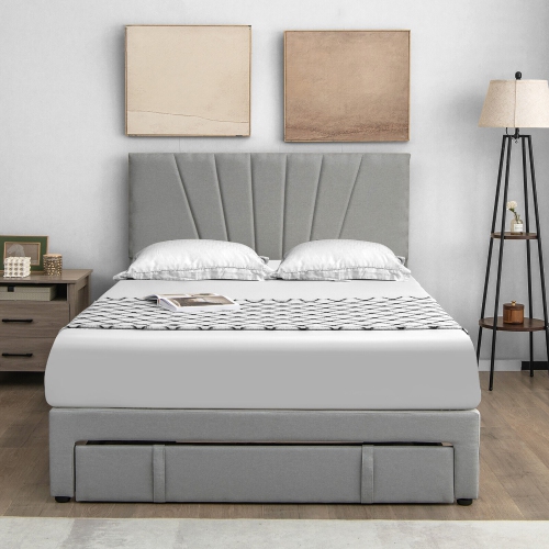 Gymax Full/Queen Upholstered Bed Frame Platform Bed with Drawer & Adjustable Headboard Grey
