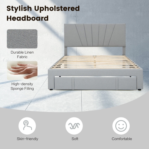 Gymax Full/Queen Upholstered Bed Frame Platform Bed with Drawer & Adjustable Headboard Grey