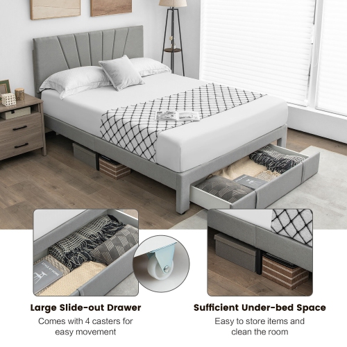Gymax Full/Queen Upholstered Bed Frame Platform Bed with Drawer & Adjustable Headboard Grey