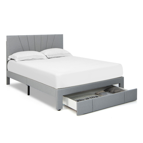 Gymax Full/Queen Upholstered Bed Frame Platform Bed with Drawer & Adjustable Headboard Grey