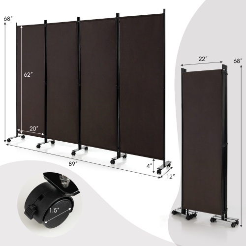 Costway 4-Panel Folding Room Divider 6FT Rolling Privacy Screen with Lockable Wheels