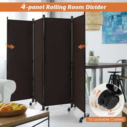 Costway 4-Panel Folding Room Divider 6FT Rolling Privacy Screen with Lockable Wheels