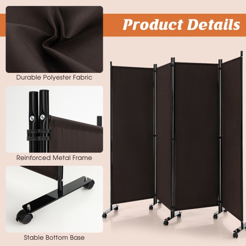 Costway 4-Panel Folding Room Divider 6FT Rolling Privacy Screen with Lockable Wheels