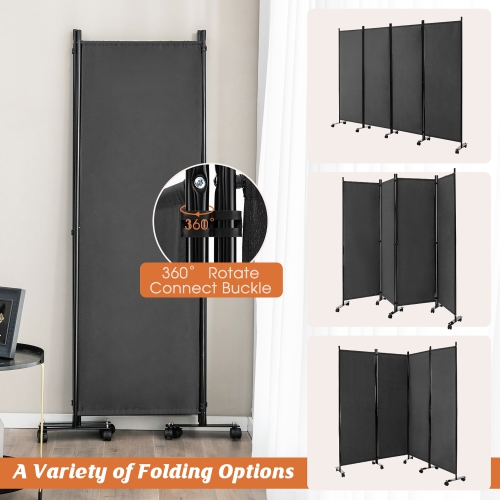 Costway 4-Panel Folding Room Divider 6FT Rolling Privacy Screen with Lockable Wheels