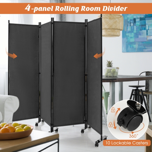 Costway 4-Panel Folding Room Divider 6FT Rolling Privacy Screen with Lockable Wheels