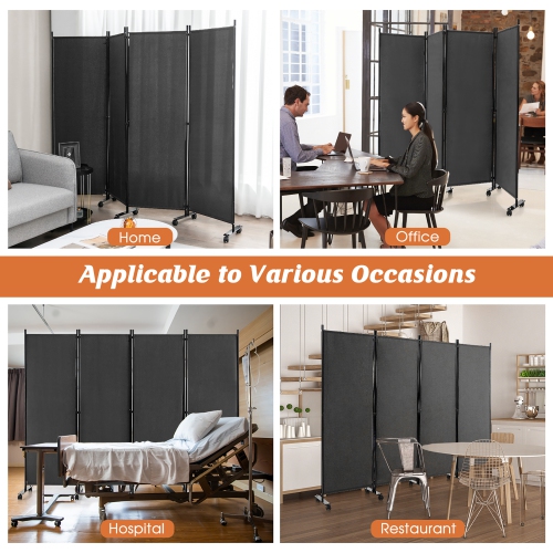 Costway 4-Panel Folding Room Divider 6FT Rolling Privacy Screen with Lockable Wheels