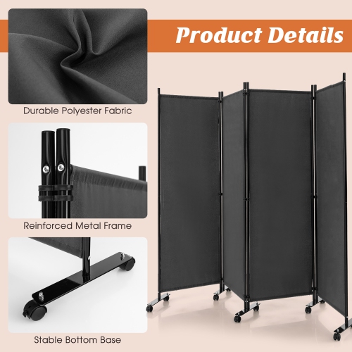 Costway 4-Panel Folding Room Divider 6FT Rolling Privacy Screen with Lockable Wheels