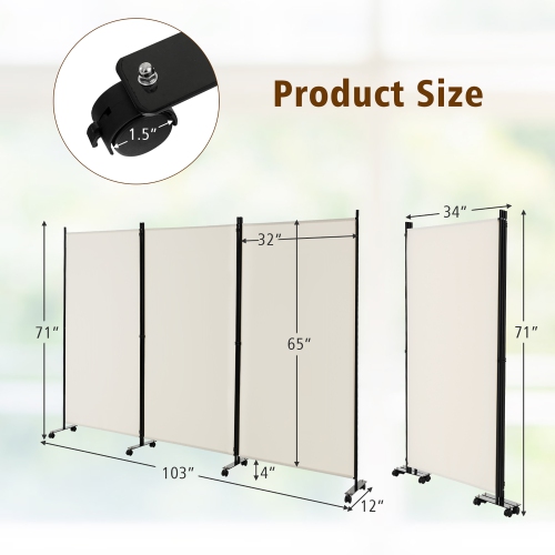 Costway 3-Panel Folding Room Divider 6Ft Rolling Privacy Screen withLockable Wheels