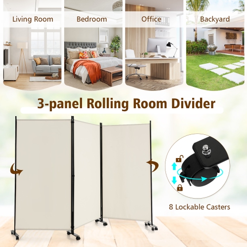 Costway 3-Panel Folding Room Divider 6Ft Rolling Privacy Screen withLockable Wheels