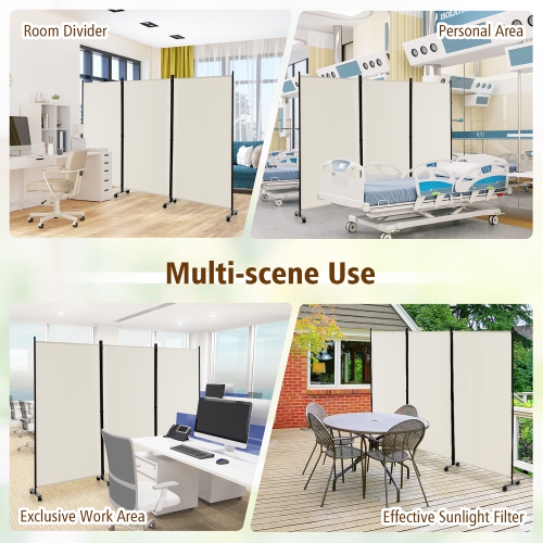 Costway 3-Panel Folding Room Divider 6Ft Rolling Privacy Screen withLockable Wheels