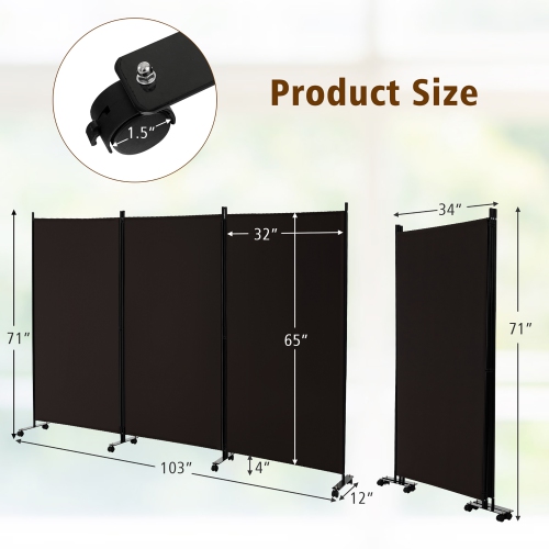 Costway 3-Panel Folding Room Divider 6Ft Rolling Privacy Screen withLockable Wheels