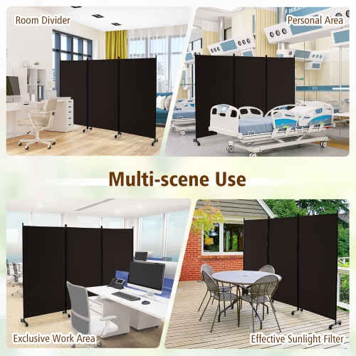 Costway 3-Panel Folding Room Divider 6Ft Rolling Privacy Screen withLockable Wheels