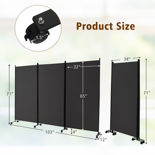 Costway 3-Panel Folding Room Divider 6Ft Rolling Privacy Screen withLockable Wheels