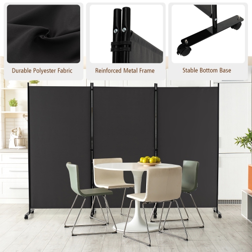 Costway 3-Panel Folding Room Divider 6Ft Rolling Privacy Screen withLockable Wheels