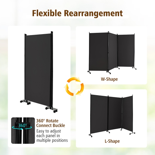 Costway 3-Panel Folding Room Divider 6Ft Rolling Privacy Screen withLockable Wheels