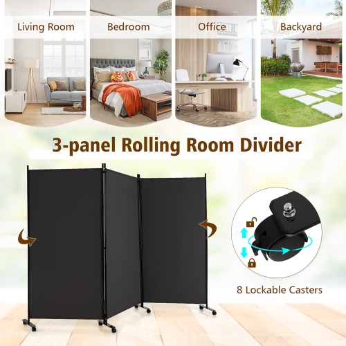 Costway 3-Panel Folding Room Divider 6Ft Rolling Privacy Screen withLockable Wheels