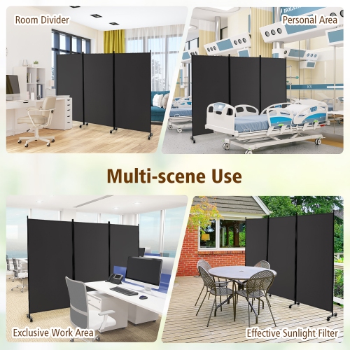 Costway 3-Panel Folding Room Divider 6Ft Rolling Privacy Screen withLockable Wheels