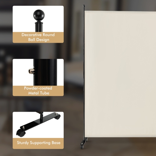 Costway 6FT Single Panel Room Divider with Wheels Rolling Fabric Partition Privacy Screen