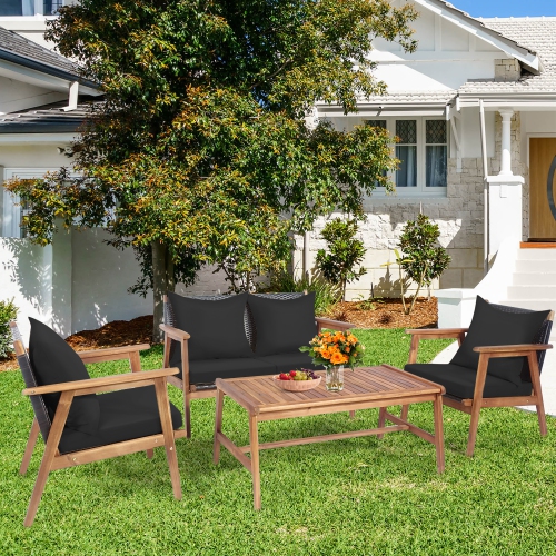 COSTWAY  4PCs Patio Rattan Furniture Set Wooden Cushioned Sofa With & Turquoise Cover In Black