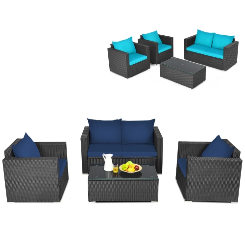 Costway 4PCS Patio Rattan Furniture Set Cushioned Sofa Loveseat with Navy & Turquoise Cover