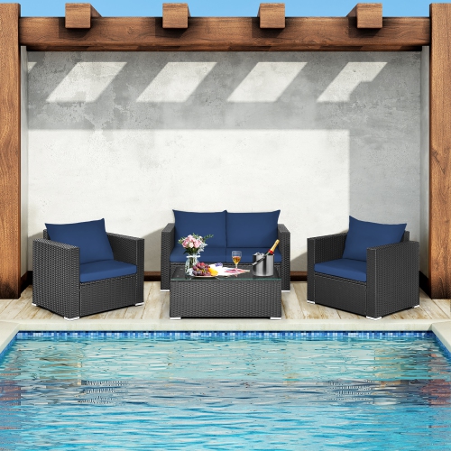 Costway 4PCS Patio Rattan Furniture Set Cushioned Sofa Loveseat with Navy & Turquoise Cover