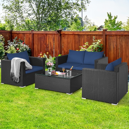 Costway 4PCS Patio Rattan Furniture Set Cushioned Sofa Loveseat with Navy & Turquoise Cover