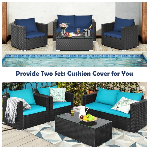 Costway 4PCS Patio Rattan Furniture Set Cushioned Sofa Loveseat with Navy & Turquoise Cover