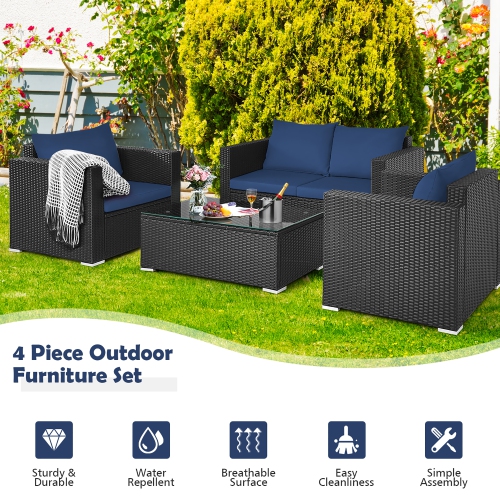 Costway 4PCS Patio Rattan Furniture Set Cushioned Sofa Loveseat with Navy & Turquoise Cover