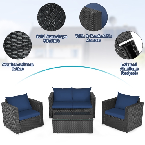 Costway 4PCS Patio Rattan Furniture Set Cushioned Sofa Loveseat with Navy & Turquoise Cover