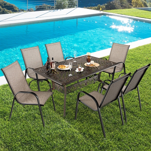 Costway 59" Outdoor Dining Table All-Weather Cast Aluminum Umbrella Hole 6 Person Bronze