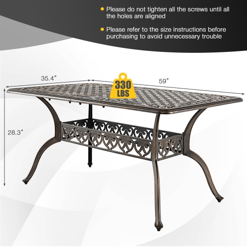 Costway 59" Outdoor Dining Table All-Weather Cast Aluminum Umbrella Hole 6 Person Bronze