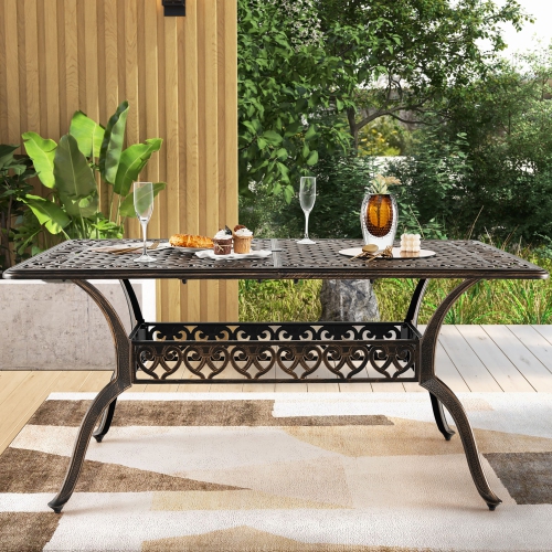 Costway 59" Outdoor Dining Table All-Weather Cast Aluminum Umbrella Hole 6 Person Bronze