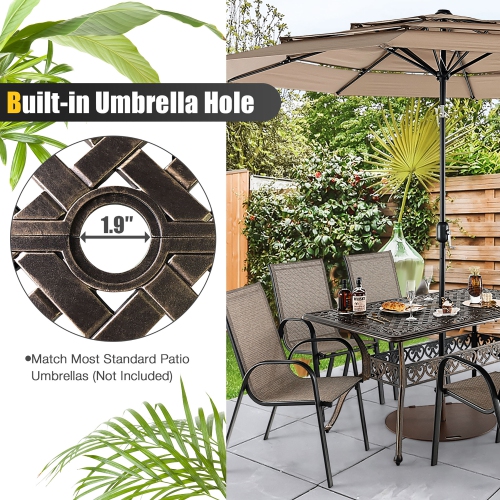 Costway 59" Outdoor Dining Table All-Weather Cast Aluminum Umbrella Hole 6 Person Bronze