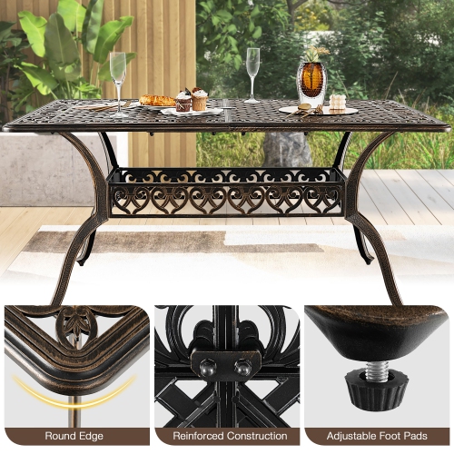 Costway 59" Outdoor Dining Table All-Weather Cast Aluminum Umbrella Hole 6 Person Bronze