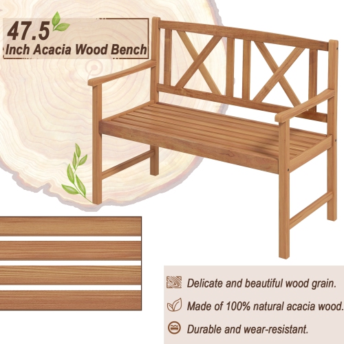 Topbuy 2-Person Acacia Wood Bench Outdoor Slats Loveseat Chair with Armrest Backrest Sturdy Frame 800lbs Load Capacity