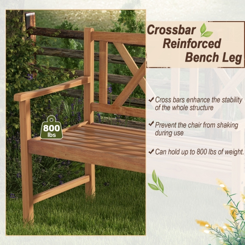 Topbuy 2-Person Acacia Wood Bench Outdoor Slats Loveseat Chair with Armrest Backrest Sturdy Frame 800lbs Load Capacity