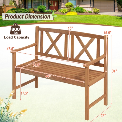 Topbuy 2-Person Acacia Wood Bench Outdoor Slats Loveseat Chair with Armrest Backrest Sturdy Frame 800lbs Load Capacity