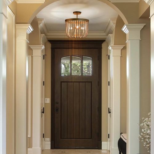 Modern Farmhouse Ceiling Light, 4-Light Antique Gold with Off-white Wood Beads LED Semi-Flush mount light