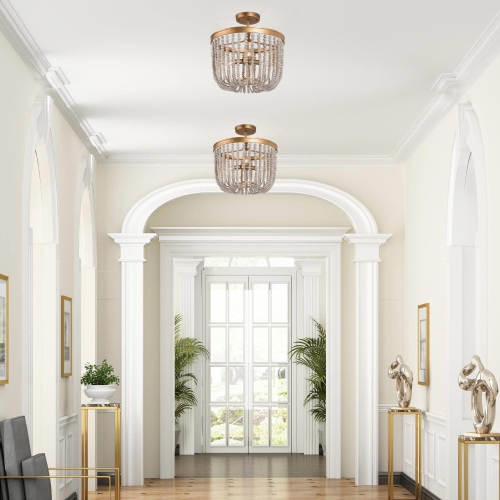 Modern Farmhouse Ceiling Light, 4-Light Antique Gold with Off-white Wood Beads LED Semi-Flush mount light