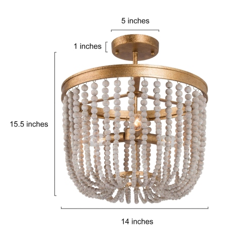 Modern Farmhouse Ceiling Light, 4-Light Antique Gold with Off-white Wood Beads LED Semi-Flush mount light
