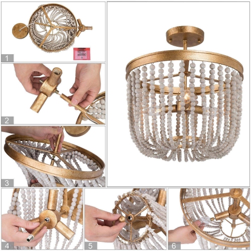 Modern Farmhouse Ceiling Light, 4-Light Antique Gold with Off-white Wood Beads LED Semi-Flush mount light