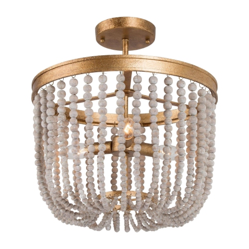 Modern Farmhouse Ceiling Light, 4-Light Antique Gold with Off-white Wood Beads LED Semi-Flush mount light