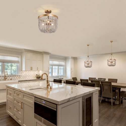 Modern Farmhouse Ceiling Light, 4-Light Antique Gold with Off-white Wood Beads LED Semi-Flush mount light